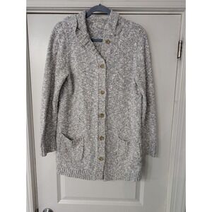 L.L. Bean Womens‎ Blue White Marled Cotton Hooded Cardigan Sweater Medium